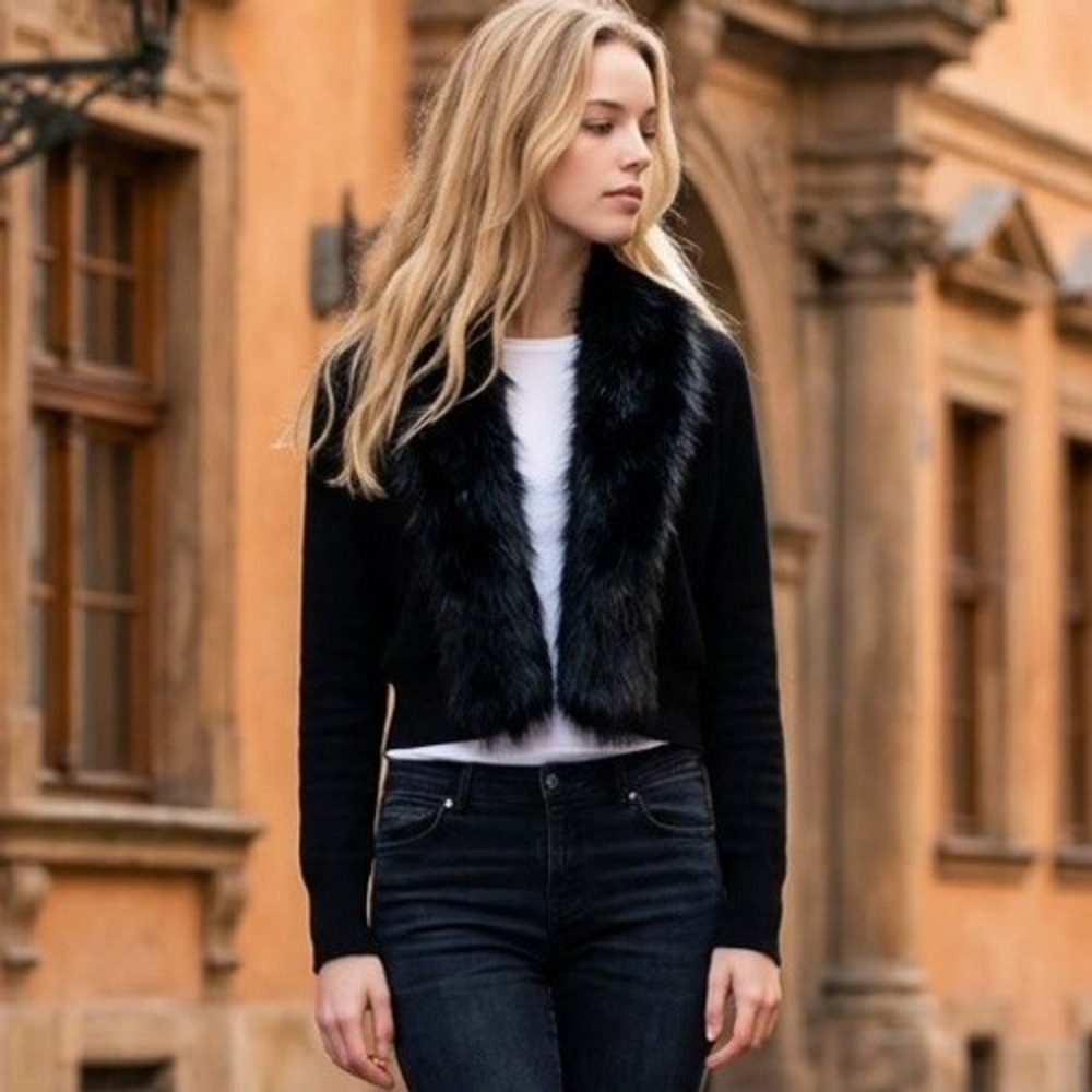 Thalia Sodi Womens Black Faux Fur Trim Open Front Cropped Cardigan Gothic Small